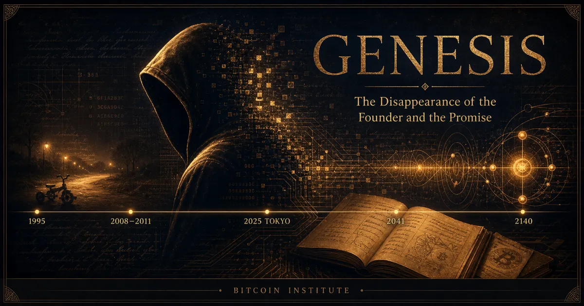 A hooded, faceless silhouette dissolving into code, beside an open antique book and a timeline spanning 1995 to 2140 — Bitcoin Institute