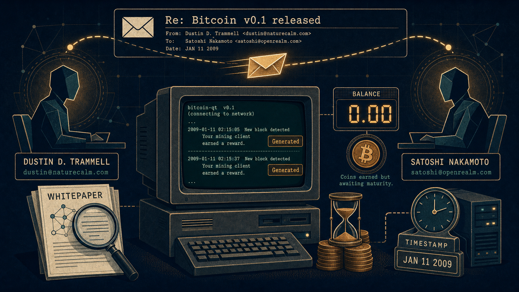 Illustration of two silhouetted figures exchanging an envelope across a vintage computer terminal showing a mining log, next to a coin balance display reading zero, an hourglass resting on a stack of coins, and a whitepaper document beside a clock marking the date.