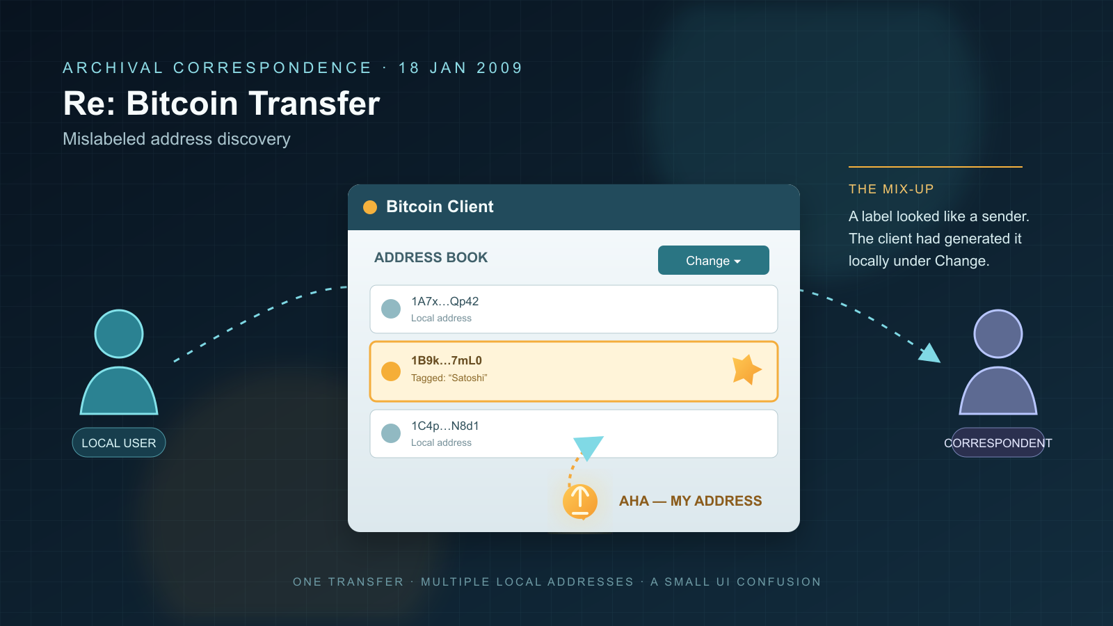 Illustration of a stylized Bitcoin wallet address-book panel with three address rows, one highlighted in gold with a star icon and an arrow pointing to a coin symbol, flanked by two abstract silhouette figures connected by dashed lines, on a dark blue grid background.