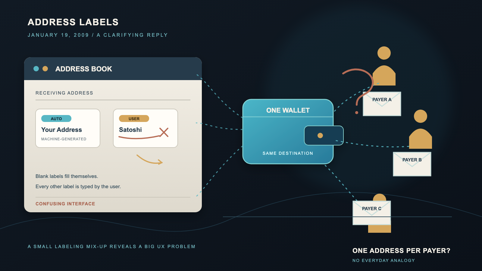Illustration of an address book panel with two contrasting label cards — one auto-generated, one user-typed and crossed out — connected to a central wallet icon branching out to three silhouetted figures, each holding a distinctly labeled envelope.