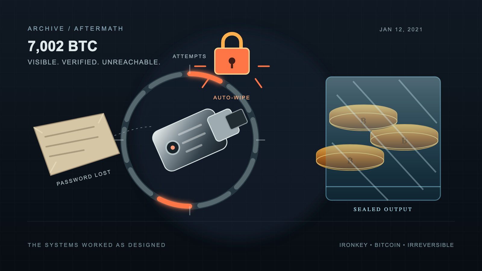 Dark illustration of a metallic USB security key at the center of a glowing amber ring of attempt markers, flanked by a padlock icon, a torn paper slip, and a stack of coin discs sealed behind a glass panel.